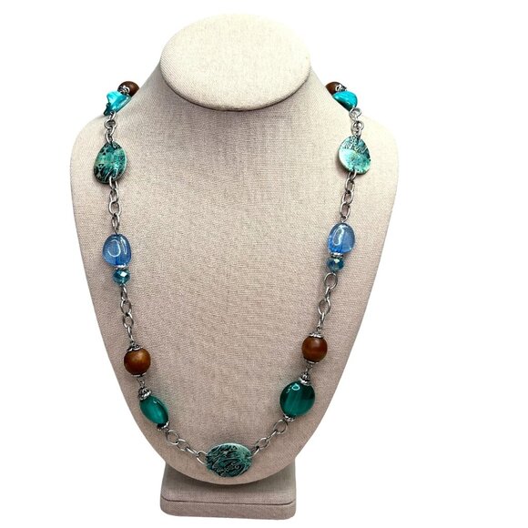 Chunky Stone Statement Necklace Turquoise Color Boho Southwestern Silver Tone - Picture 1 of 8